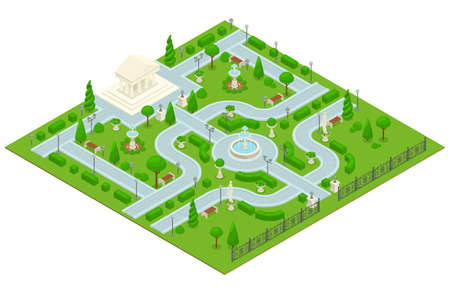 Colored isometric landscape design park composition with a small park with an architectural building and paths of lawn and green trees vector illustrationのイラスト素材