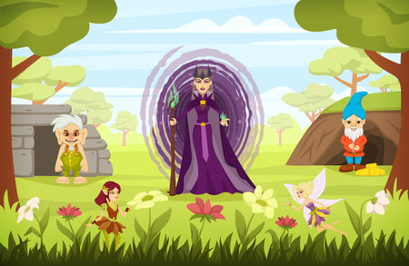 Fairy tale characters cartoon colored composition with the evil sorceress is standing with dwarves and little fairies around her vector illustrationのイラスト素材