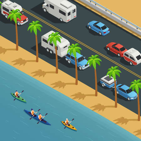 Touring sea kayaking rafting coastal paddling resort isometric composition with tropical beach canoeing camping road vector illustrationのイラスト素材