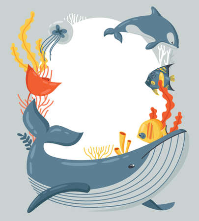 Frame for world ocean day poster colored sea animals in a circle on white and gray background vector illustration flatのイラスト素材