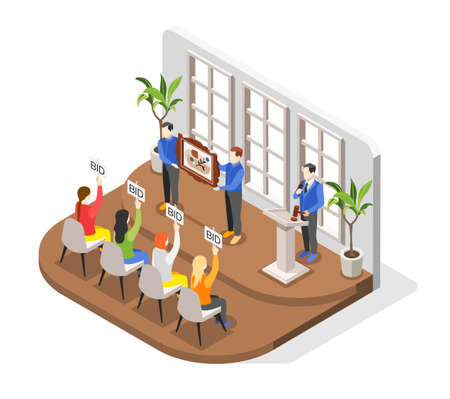 Auction isometric composition with indoor scenery and bidders looking at expensive painting held by auctioneer characters vector illustrationのイラスト素材