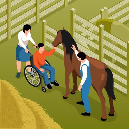 Hippotherapy isometric background with disabled man sitting in wheelchair petting horse under control of stableman vector illustrationのイラスト素材