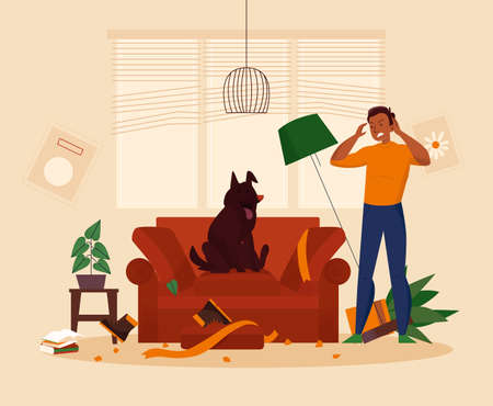 Naughty dog sitting on sofa after making mess in room and angry owner looking at it flat vector illustrationのイラスト素材