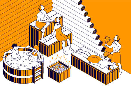 Sauna colored isometric background demonstrated steam bath with broom and relax vector illustrationのイラスト素材
