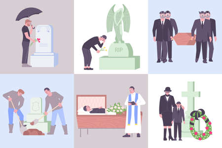 Flat death composition set with burial service in church funeral procession people on cemetery monument wreath isolated vector illustrationのイラスト素材