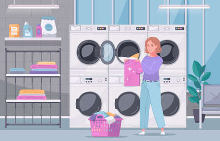 Multi housing self service laundry facility interior view with lady folding washed clothes flat cartoon vector illustrationのイラスト素材