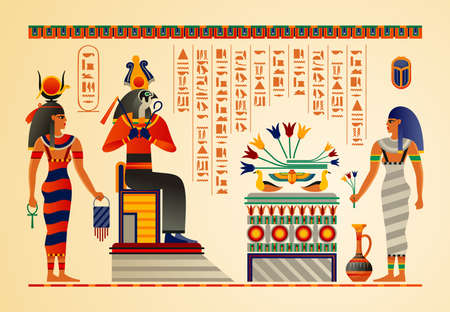 Egyptian culture mythology rituals ancient gods scenes symbols hieroglyphs temples vases tombs papyrus scroll fragment vector illustrationのイラスト素材