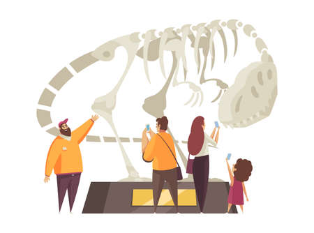 Guide excursion composition with group of tourists surrounding podium with skeleton of dinosaur vector illustrationのイラスト素材