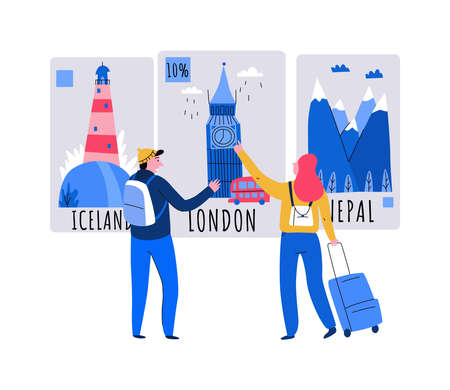 Tourism travel booking ticket composition with human characters of tourists looking at posters with famous landmarks vector illustrationのイラスト素材
