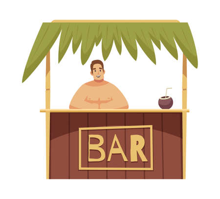 Beach bar stall with smiling seller on white background flat vector illustrationのイラスト素材