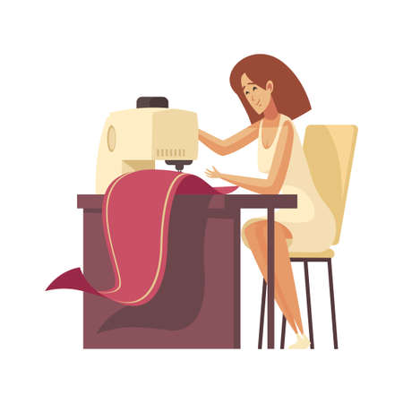 Craftsman composition with isolated female character of working sewing machine operator on blank background vector illustrationのイラスト素材