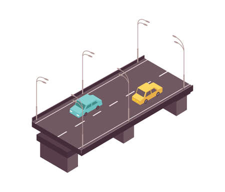 Road set isometric composition with view of motorway on flyover with cars and lamp posts vector illustrationのイラスト素材