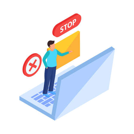 Internet website blocking isometric icon with laptop stop symbols human character 3d vector illustrationのイラスト素材