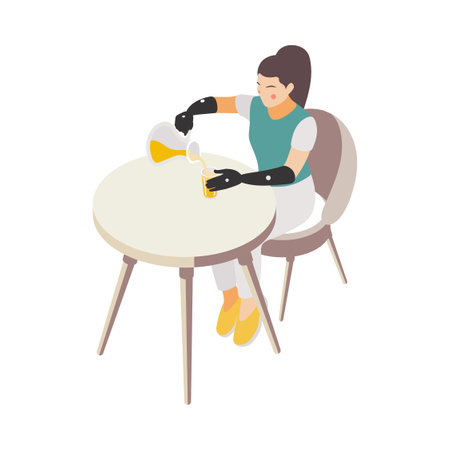 Disabled woman with artificial arms pouring juice 3d isometric vector illustrationのイラスト素材