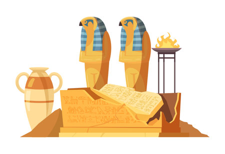 Egyptian composition with images of ancient vase and ritual fire with broken tomb vector illustrationのイラスト素材