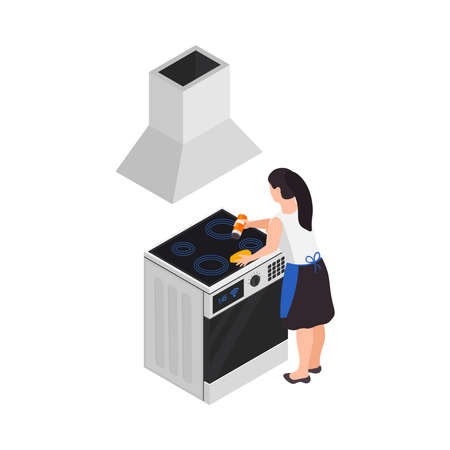 Professional cleaning service isometric composition with character of woman cleaning kitchen range on blank background vector illustrationのイラスト素材