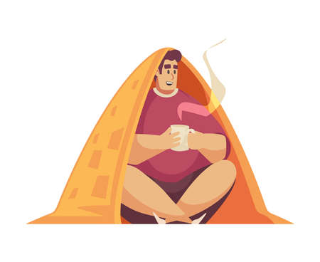 Bad weather rain composition with isolated character of man drinking tea inside small tent vector illustrationのイラスト素材