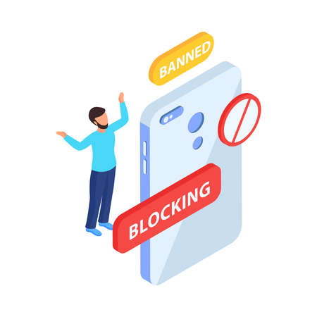 Blocking internet banned user isometric icon with human character and smartphone 3d vector illustrationのイラスト素材