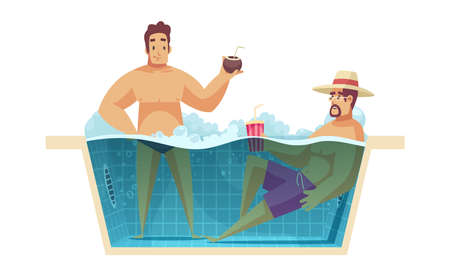 Aquapark composition with profile view of bath tub and two male characters having drinks together vector illustrationのイラスト素材