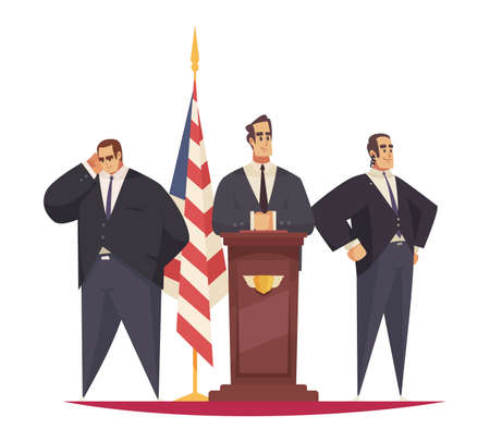 President composition with characters of body guards and president having speech from tribune vector illustrationのイラスト素材
