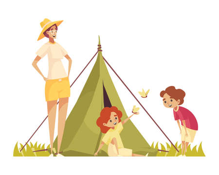 Safari composition with tent and doodle style characters of mother and two kids with butterflies vector illustrationのイラスト素材