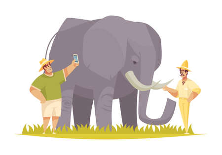 Safari composition with human characters making photos touching huge elephant vector illustrationのイラスト素材