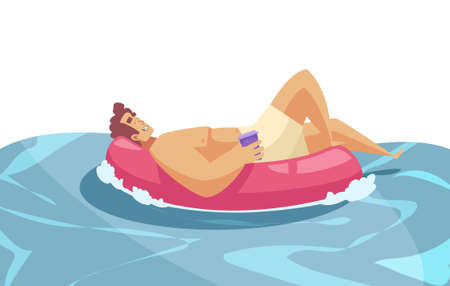 Beach composition with water surface and man lying on inflatable ring with cup of drink vector illustrationのイラスト素材