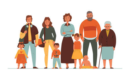 Generations family composition with flat cartoon style characters of family members with elderly...