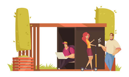 City park composition with outdoor scenery with trees and park buildings with human characters vector illustrationのイラスト素材