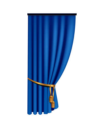 Realistic blue curtains composition with isolated image of luxury curtain with golden tie vector illustrationのイラスト素材