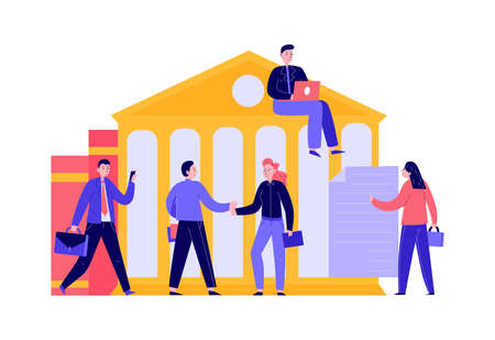 Lawyer justice law composition with doodle characters of lawyers in front of court building vector illustrationのイラスト素材