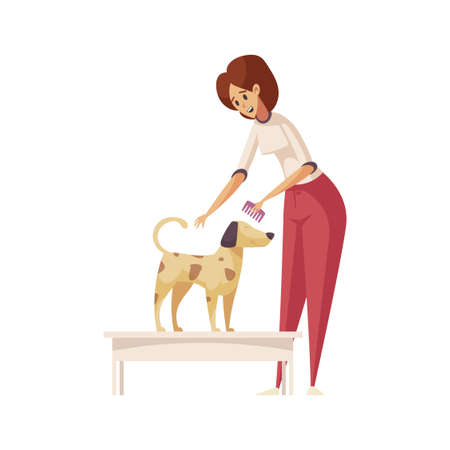 Grooming flat composition with female character holding comb with dog vector illustrationのイラスト素材