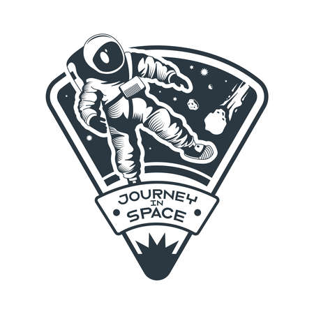 Space emblem monochrome composition with text and character of walking astronaut in spacesuit vector illustrationのイラスト素材