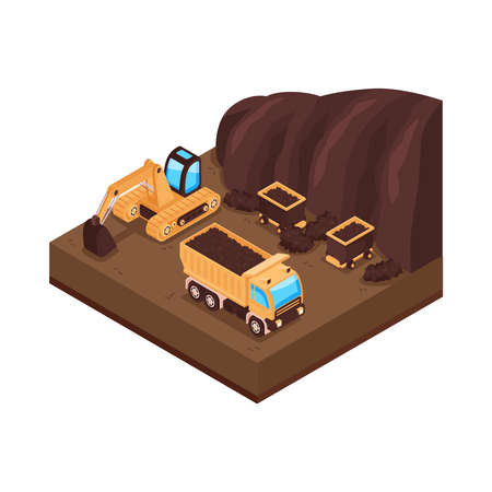 Isometric natural environmental land resources composition with view of open pit with truck and excavator vector illustrationのイラスト素材