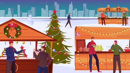 Christmas market flat background with people near outdoor souvenir stalls choosing gifts vector illustrationのイラスト素材