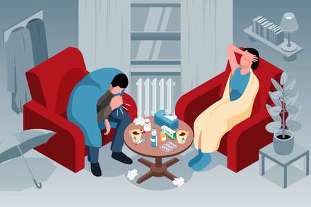 Isometric cold flu horizontal composition with home interior and characters of family couple cocooned in blankets vector illustrationのイラスト素材