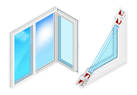Plastic windows installation design concept with opened casement and cross section profile isometric colored elements isolated vector illustrationのイラスト素材