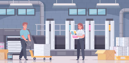 Printing house polygraphy flat cartoon composition two workers in the print shop at the workplace...