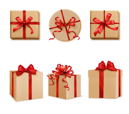 Gifts presents square cube and round red ribbon decorated boxes top side views set realistic vector illustrationのイラスト素材