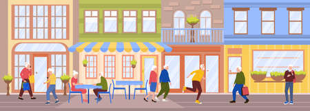 Colored panorama of the city street elderly people walk along the facades of buildings flat vector illustrationのイラスト素材