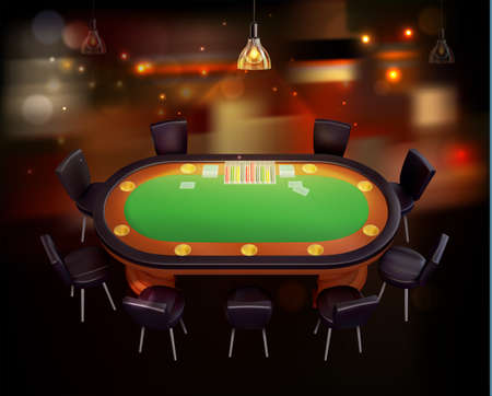 Casino realistic poster with decks of playing cards on classic green poker table illuminated by lampshade vector illustrationのイラスト素材