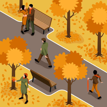 Isometric autumn fall composition with outdoor scenery with human characters having walk hugging gathering fallen leaves vector illustratonのイラスト素材