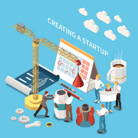 Startup project isometric colored concept with creating a startup descriptions and cup of coffee marketing analysts and tools for work vector illustrationのイラスト素材