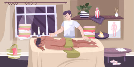 Alternative chinese medicine studio with practitioner performing stress decreasing acupuncture treatment for women flat composition vector illustrationのイラスト素材