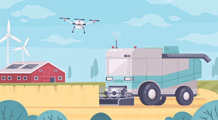 Smart farming cartoon composition with view of agricultural buildings and automated truck on field with quadcopter vector illustrationのイラスト素材