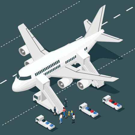 Airplane onboarding isometric composition with isolated view of aircraft with airstairs truck stewards and passenger characters vector illustrationのイラスト素材