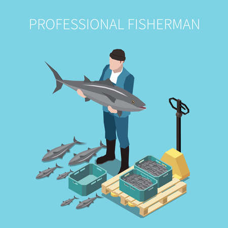 Industrial fishing fresh capture seafood auction market sale isometric composition with fisherman holding huge fish vector illustrationのイラスト素材