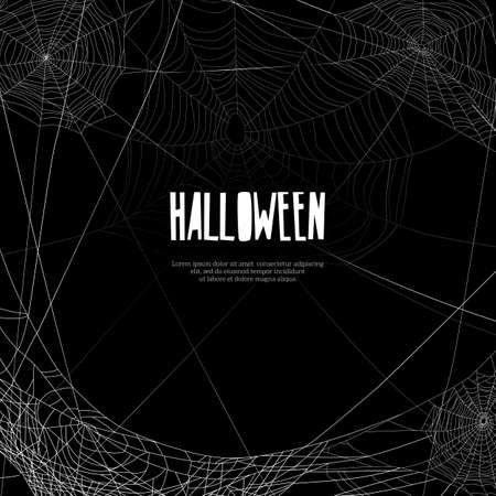 Realistic spooky halloween frame with spider cobweb hanging on black background vector illustrationのイラスト素材