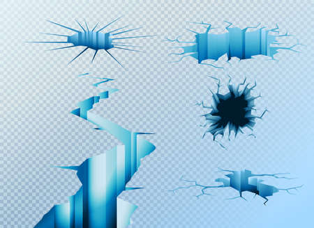 Ice cracks realistic set with isolated images of different holes in ice canopy on transparent background vector illustrationのイラスト素材