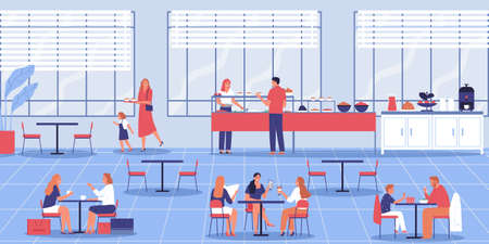 Canteen cafe composition with indoor interior of food court place with counters and visitors at tables vector illustrationのイラスト素材